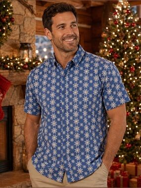Monument Blue Snowflake Christmas Holiday Button Down Shirt XL 100% Cotton
